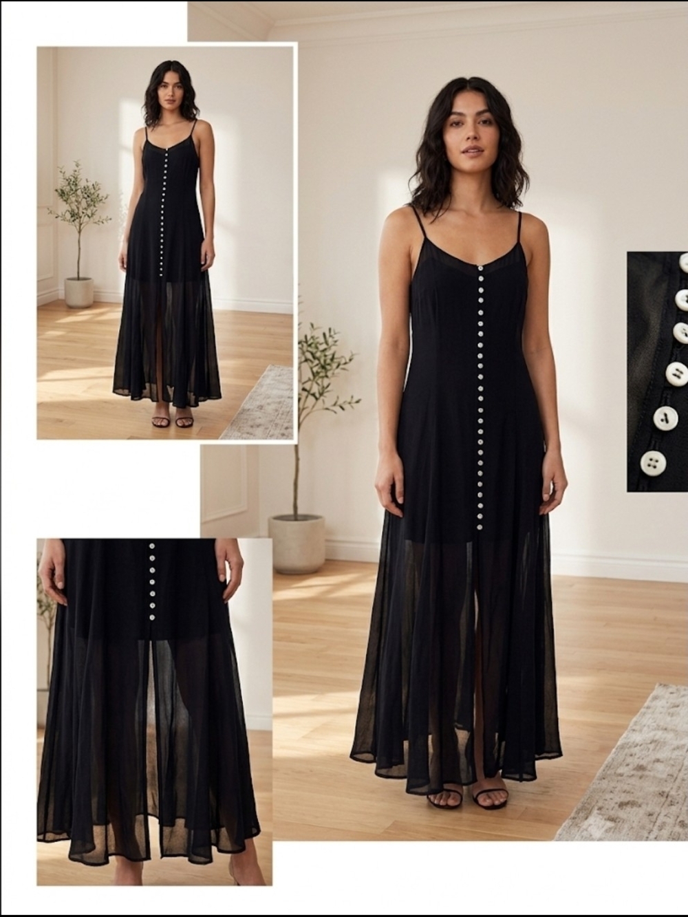 Black Button-Front Sheer Hem Maxi Dress